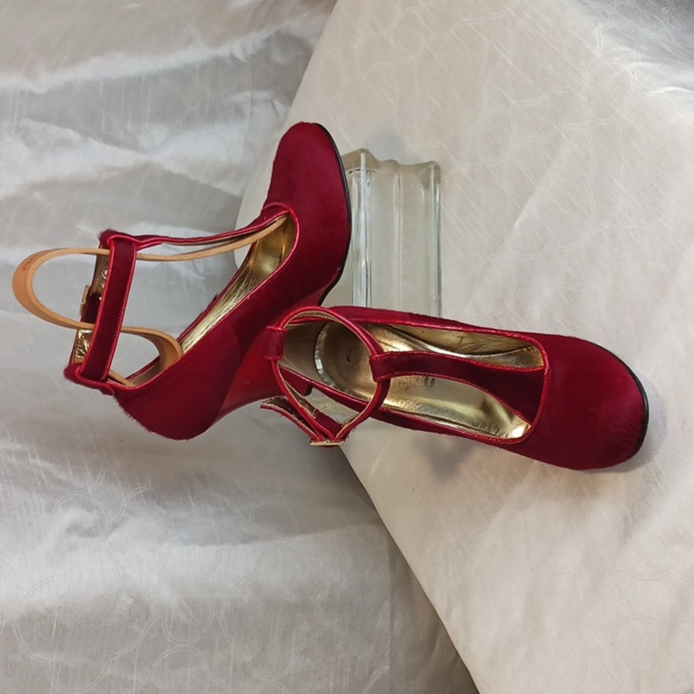 Goldenbleu Red Calf/Patent T-Strap Wedges